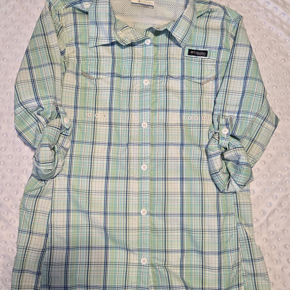 Columbia Shirt Mens Medium Green Plaid PFG Vented Fishing Button Long Sleeve